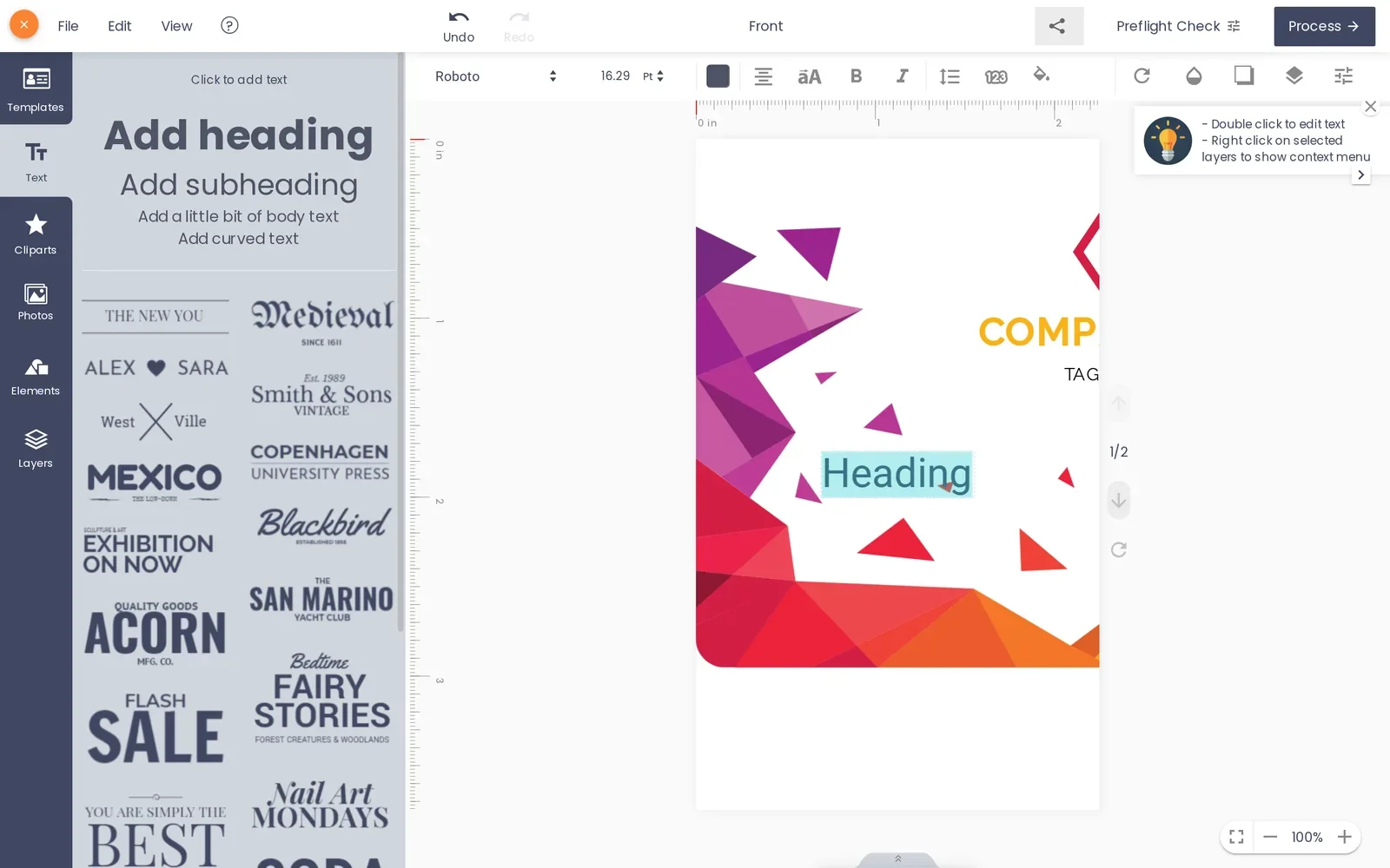 Editing a text layer in the Cmsmart online designer canvas