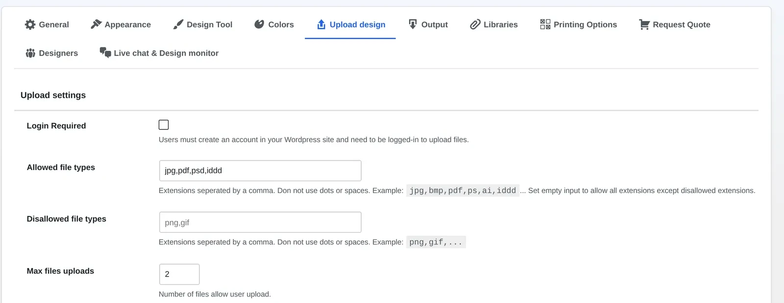 Upload design settings with Allowed file types including psd for customer artwork uploads