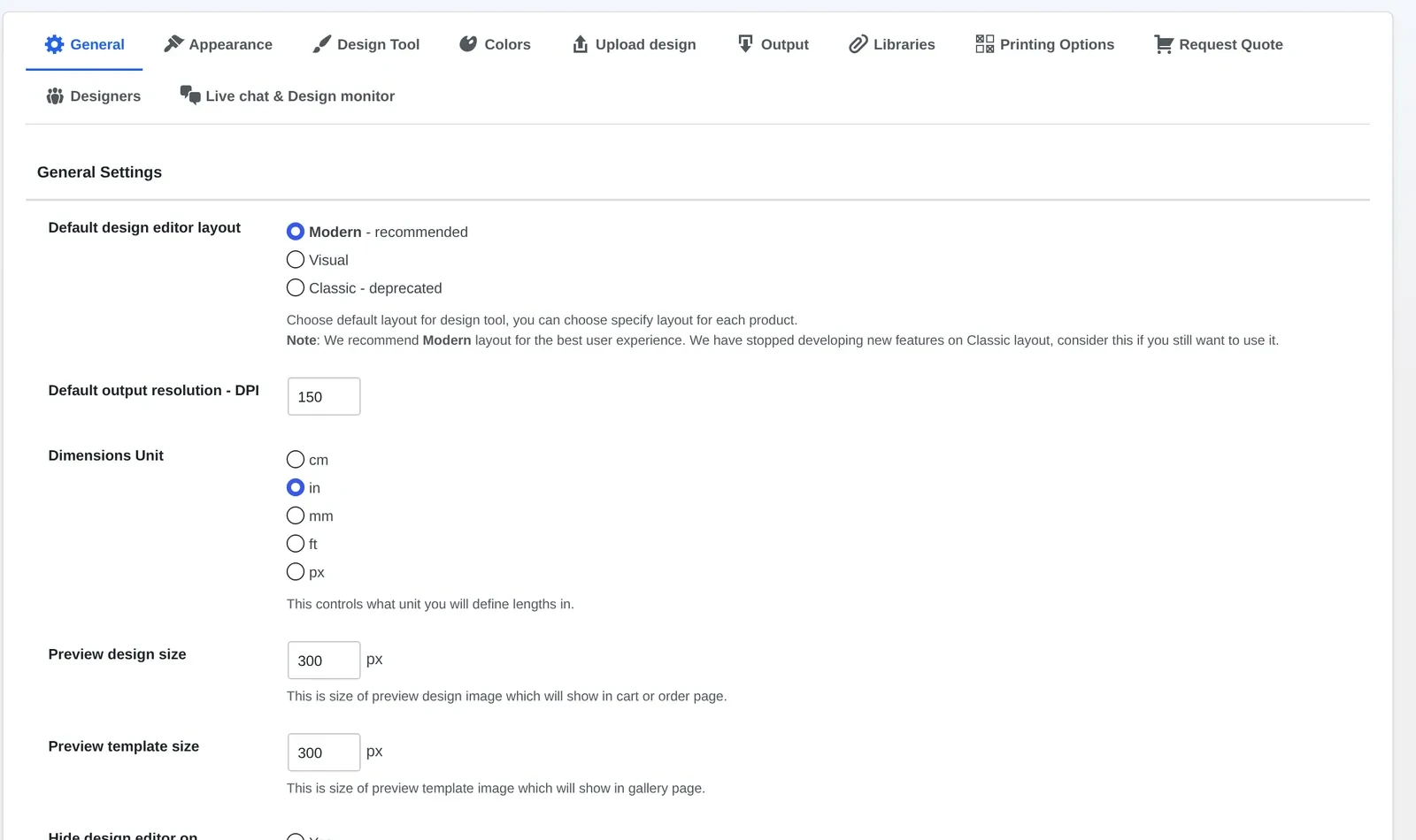 General settings showing Preview template size for the gallery page