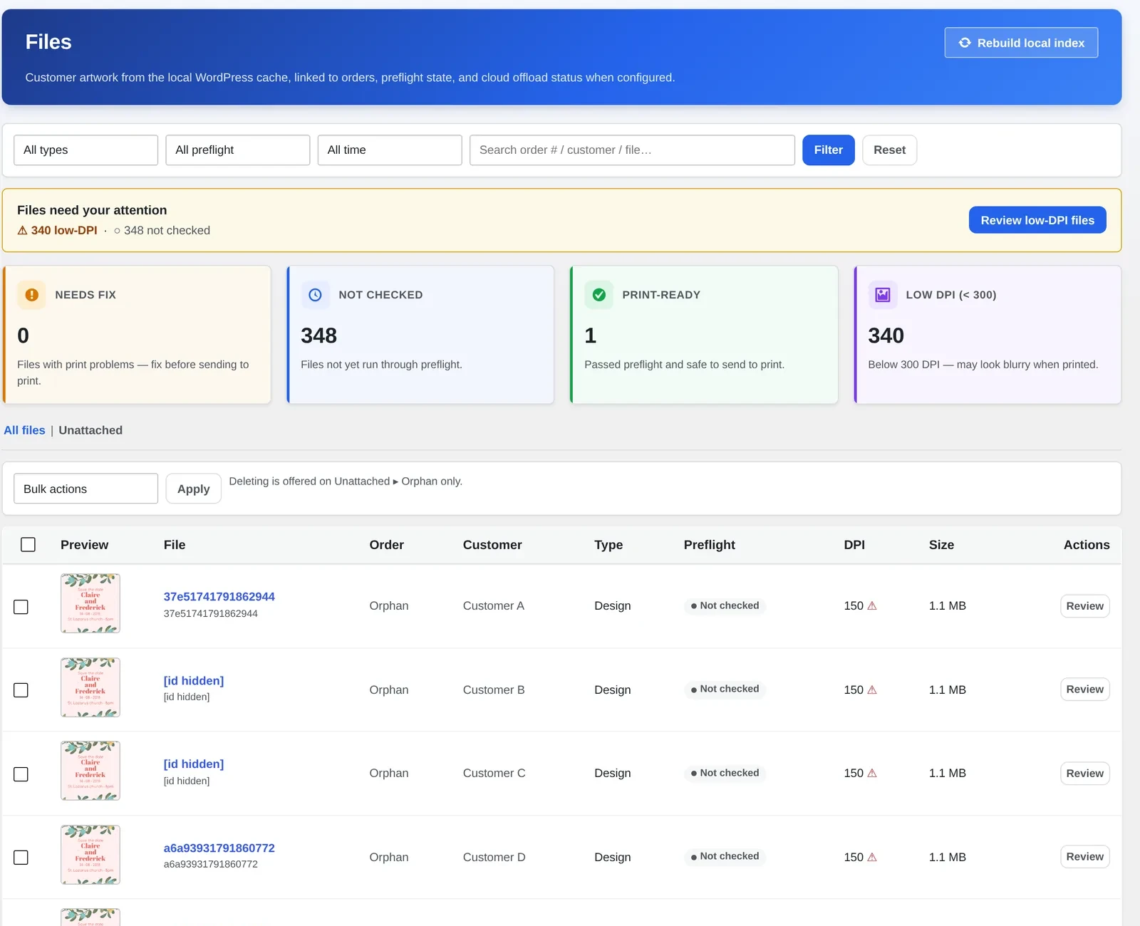 Files screen flagging low-DPI customer uploads before they reach production