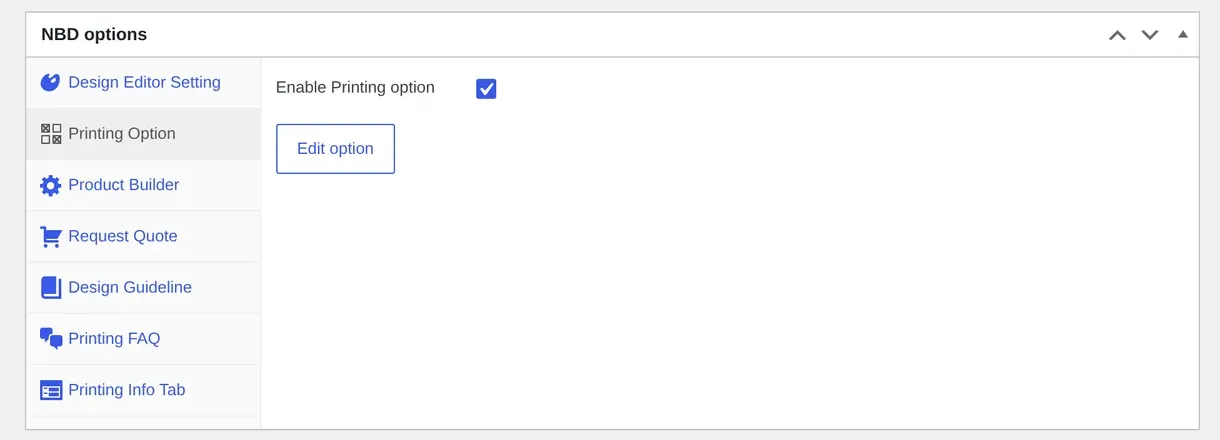 NBD options metabox on the WooCommerce product edit screen with Printing Option, Product Builder and Design Guideline tabs
