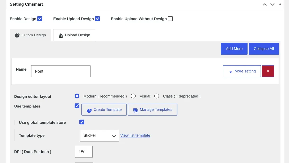 Setting Cmsmart metabox showing Enable Design, Enable Upload Design, Custom Design and Upload Design tabs, DPI and dimensions unit fields