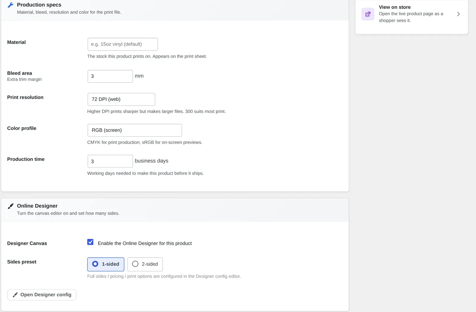 WooCommerce product designer product settings screen showing production specs DPI bleed color profile and the Online Designer sides preset