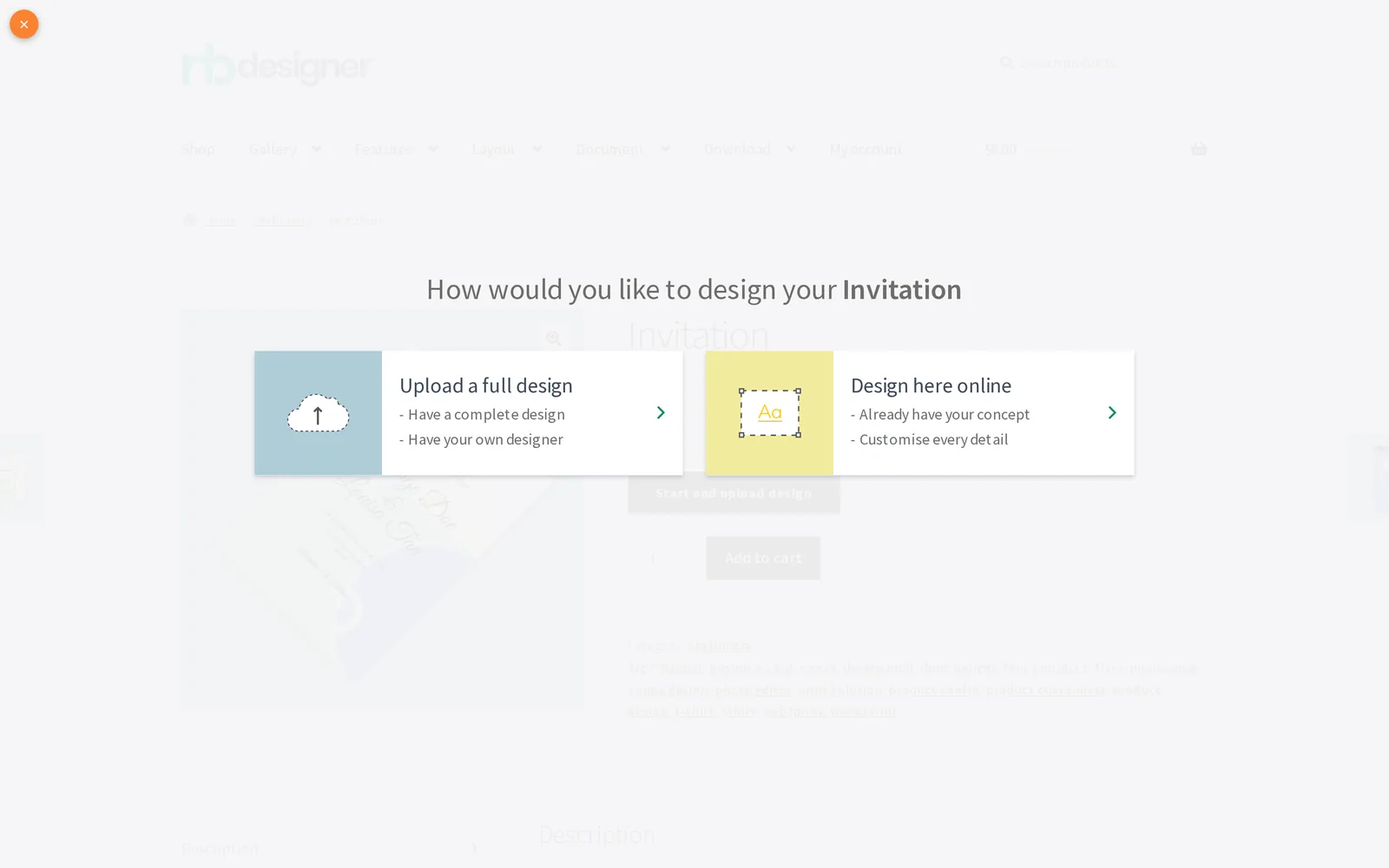 NBDesigner design chooser asking the buyer to upload a design or design online
