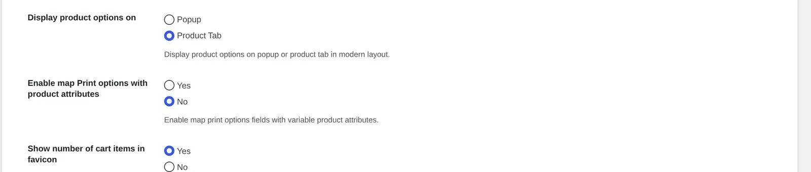 WooCommerce product designer product settings tab showing Enable map Print options with product attributes set to No by default