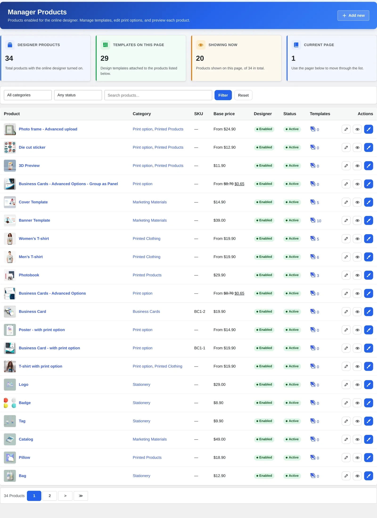Cmsmart product manager list showing designer-enabled products, templates and status for a WooCommerce store