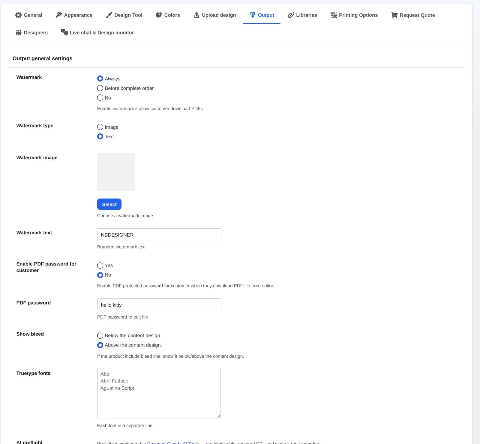 NBDesigner output settings showing watermark, PDF password and bleed line options for print-ready exports