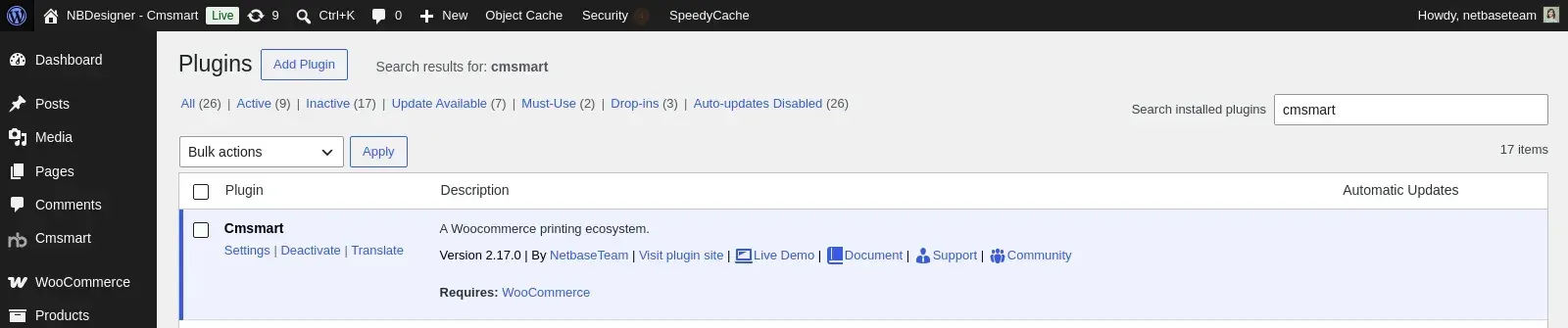 WordPress Plugins screen with the active Cmsmart plugin, version 2.17.0, requiring WooCommerce