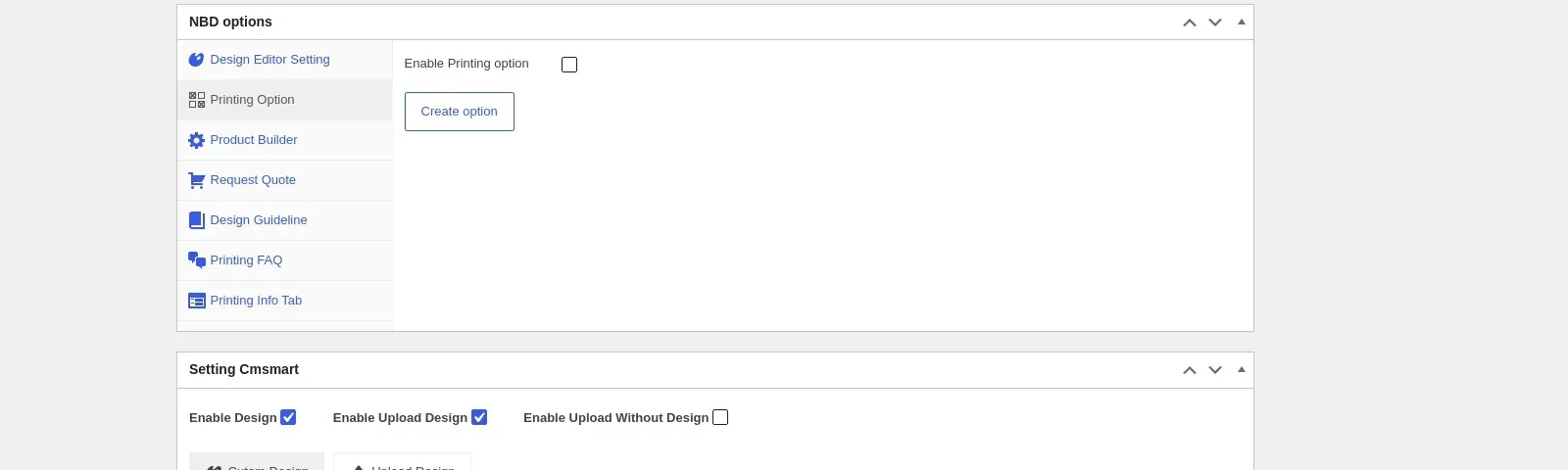 WooCommerce Edit product screen with the NBD options box and the Setting Cmsmart box showing Enable Design and Enable Upload Design ticked