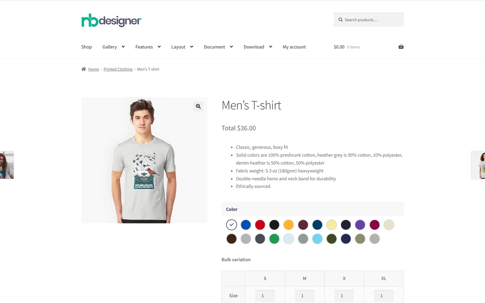 Men t-shirt product page on the NBDesigner demo with colour swatches and the design button