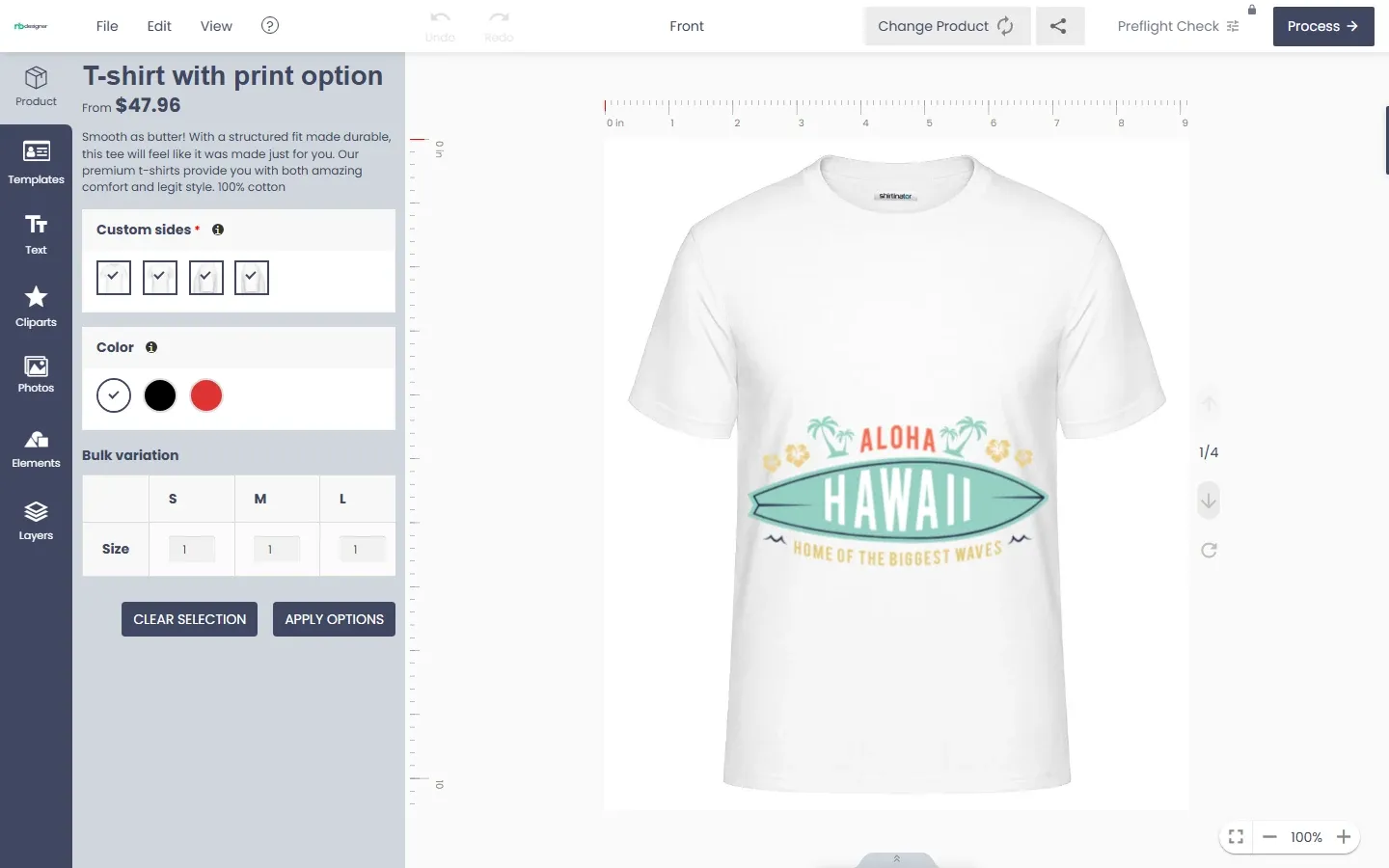 NBDesigner modern layout editor on a t-shirt with the left tool bar: Product, Templates, Text, Cliparts, Photos, Elements, Layers