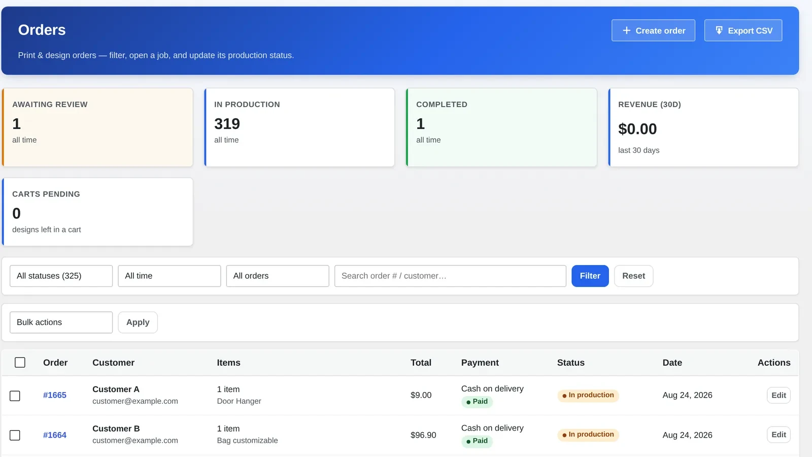 Cmsmart Orders screen listing web-to-print orders with their production status, payment and totals