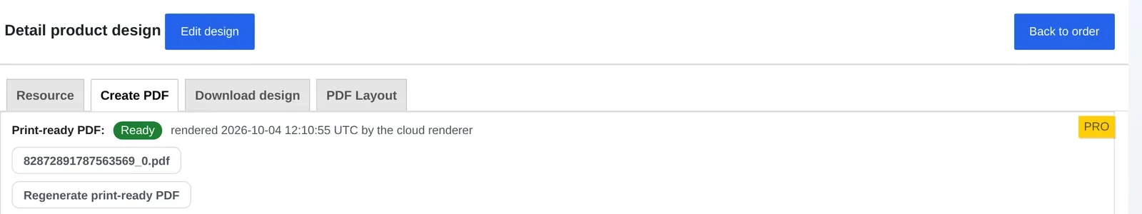Create PDF tab on a live order showing the print-ready PDF status as Ready, rendered by the cloud renderer