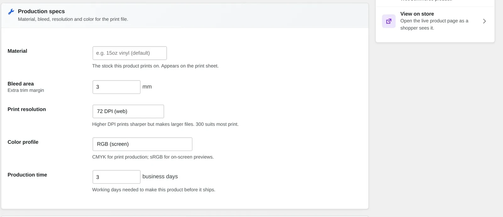 Production specs panel for a product showing bleed area in mm, print resolution in DPI and color profile fields