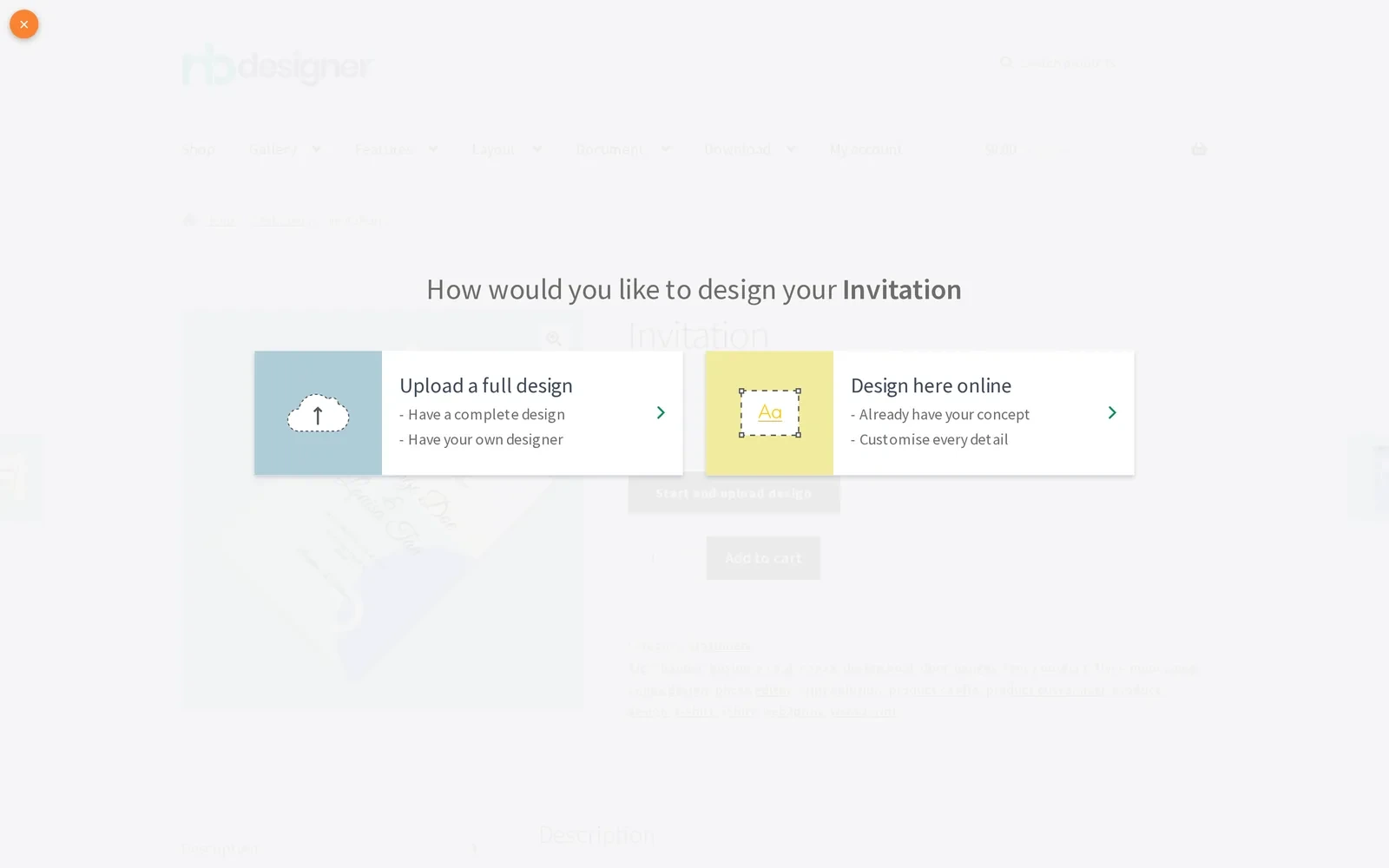 How would you like to design your product chooser with Upload a full design and Design here online options