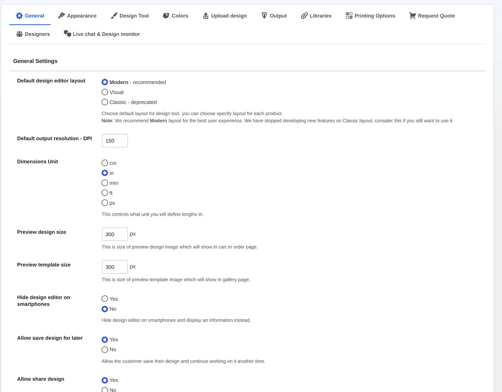 Cmsmart Product Designer General Settings tab showing default design editor layout, output DPI, dimensions unit and hide design editor on smartphones options