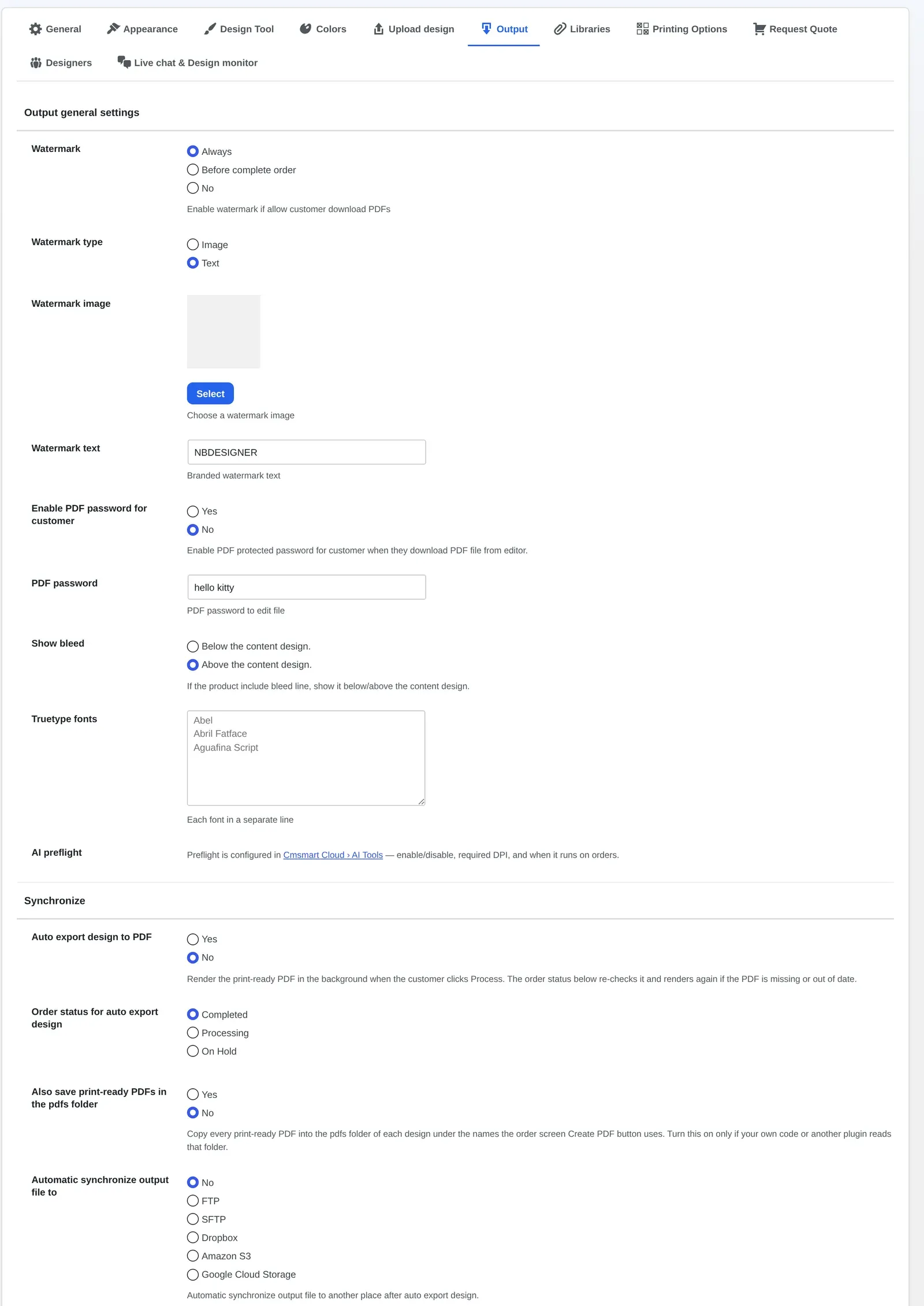 Output settings tab showing watermark, PDF password, show bleed and the Auto export design to PDF synchronize options