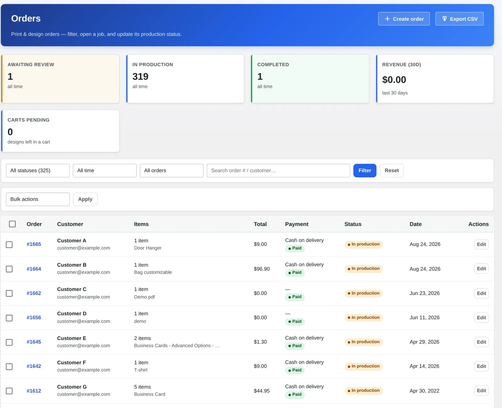 Cmsmart Orders screen listing WooCommerce product designer orders with their production status