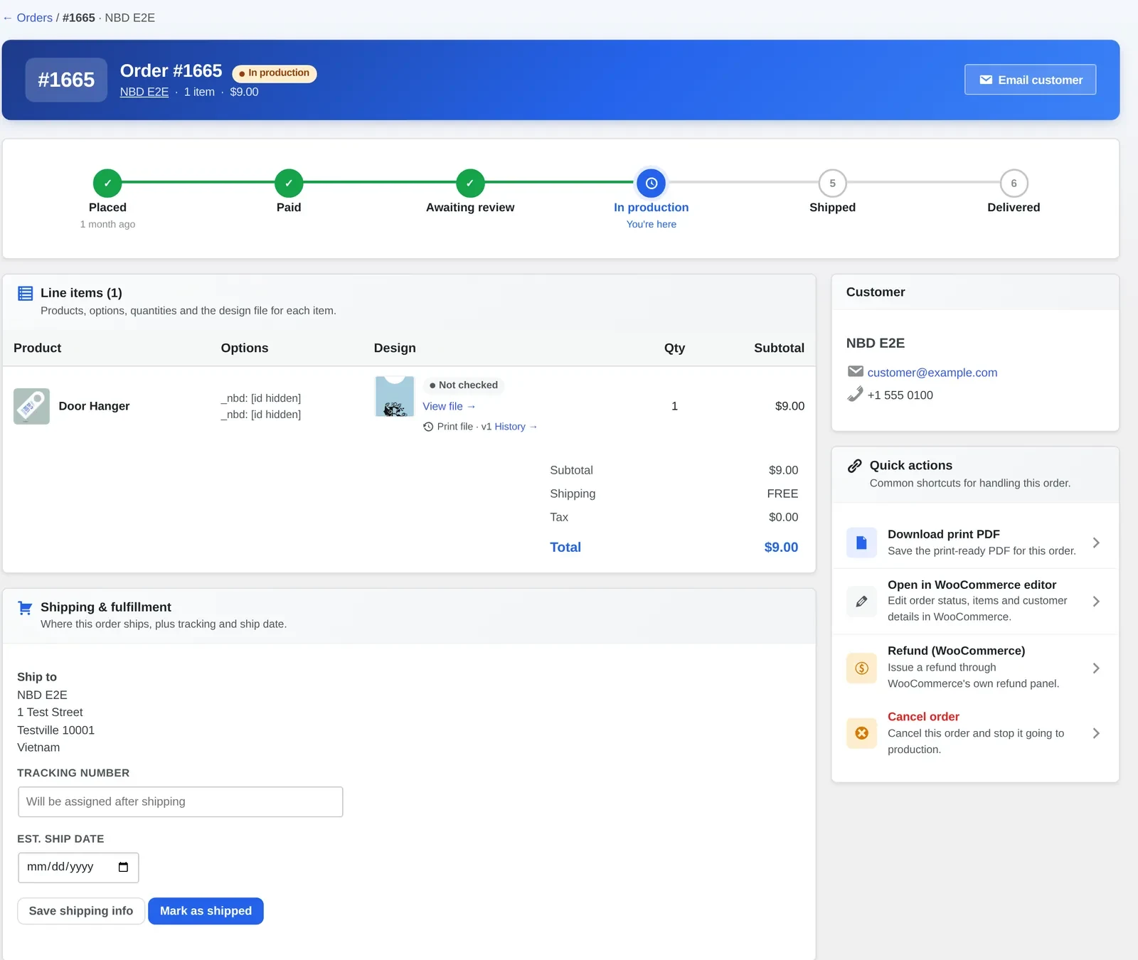 WooCommerce product designer order detail screen showing the production timeline, design file and quick actions