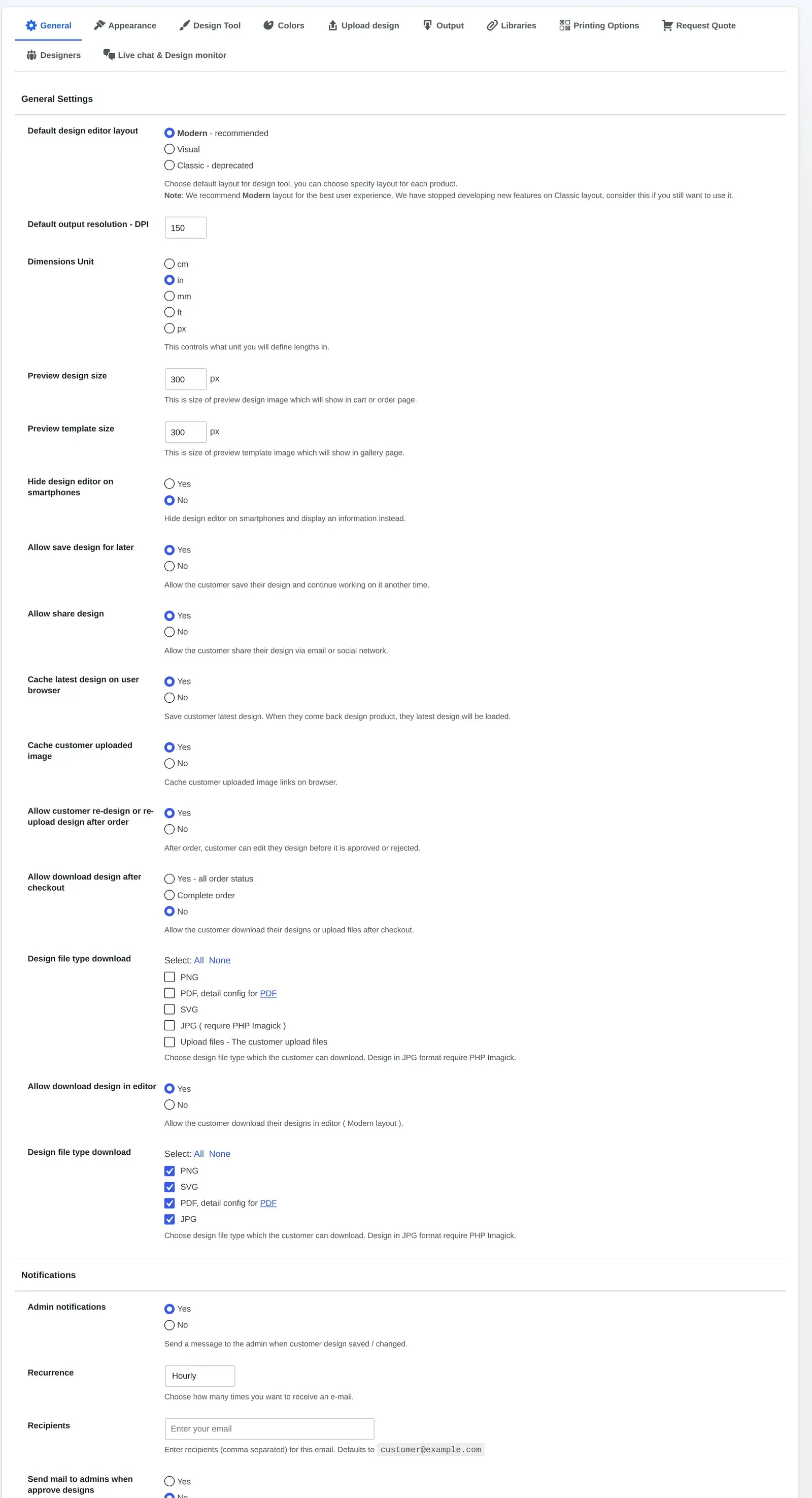 Cmsmart WooCommerce product designer settings: General tab with design editor layout, default output resolution DPI, dimensions unit and file type download