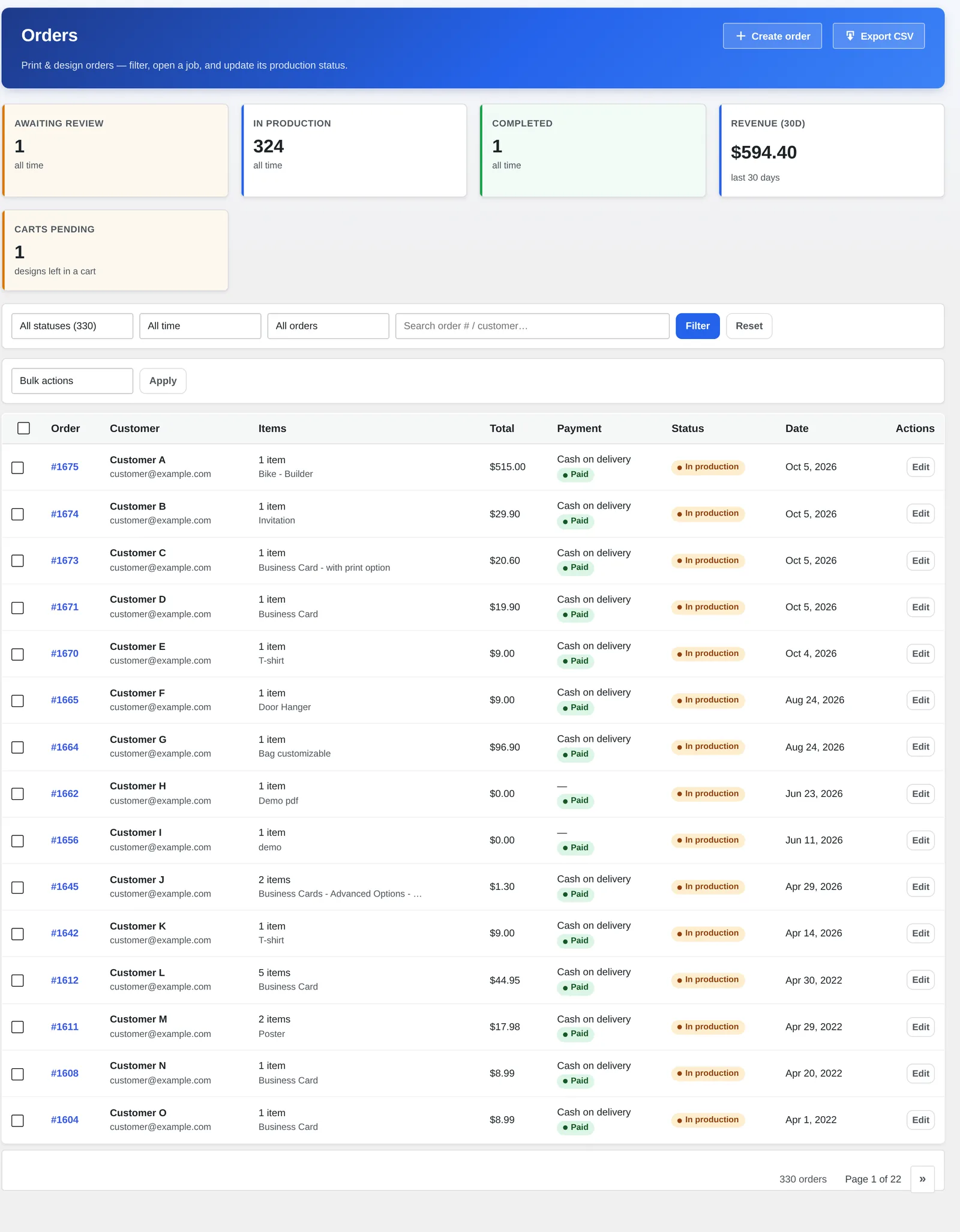 Cmsmart Orders screen listing WooCommerce product designer orders with their production status
