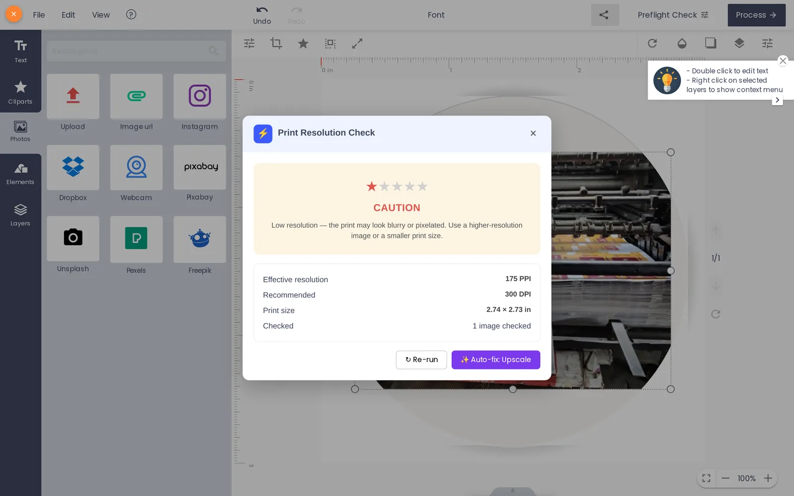 AI Preflight print resolution check in the Cmsmart online designer flagging a low-resolution image with an Auto-fix button