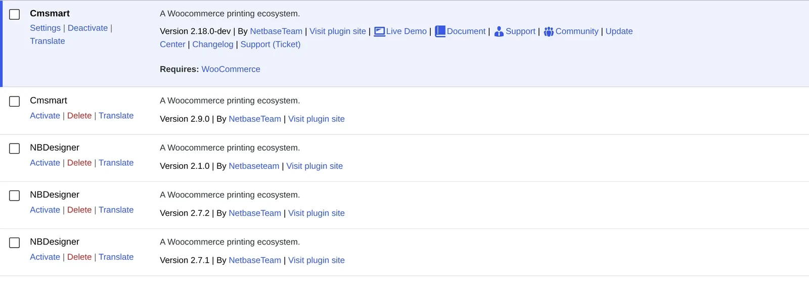 How to install and configure NBDesigner on WooCommerce: the plugin active in the WordPress Plugins list, version 2.18.0-dev