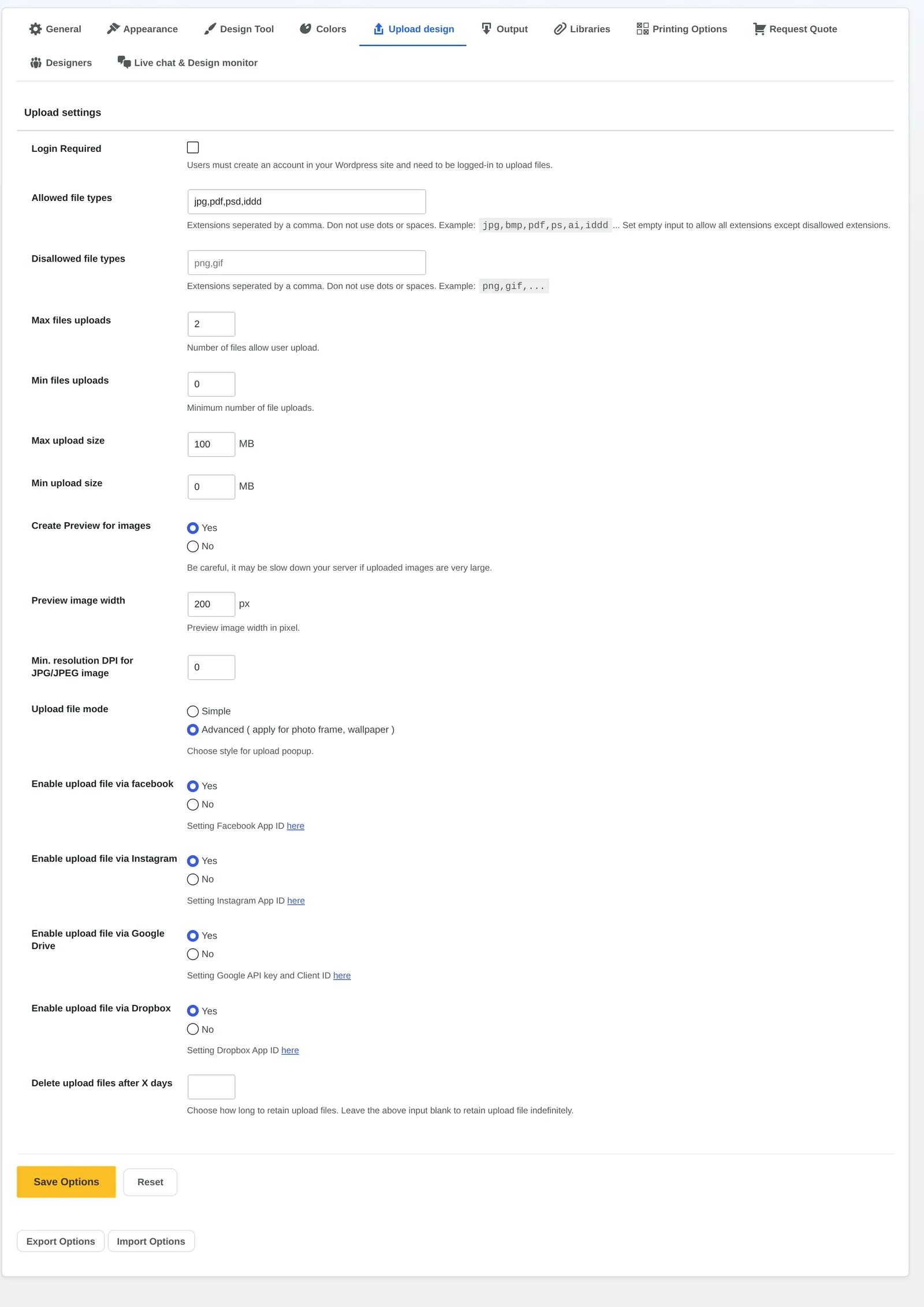 NBDesigner Upload design settings showing allowed file types, size limits and minimum DPI