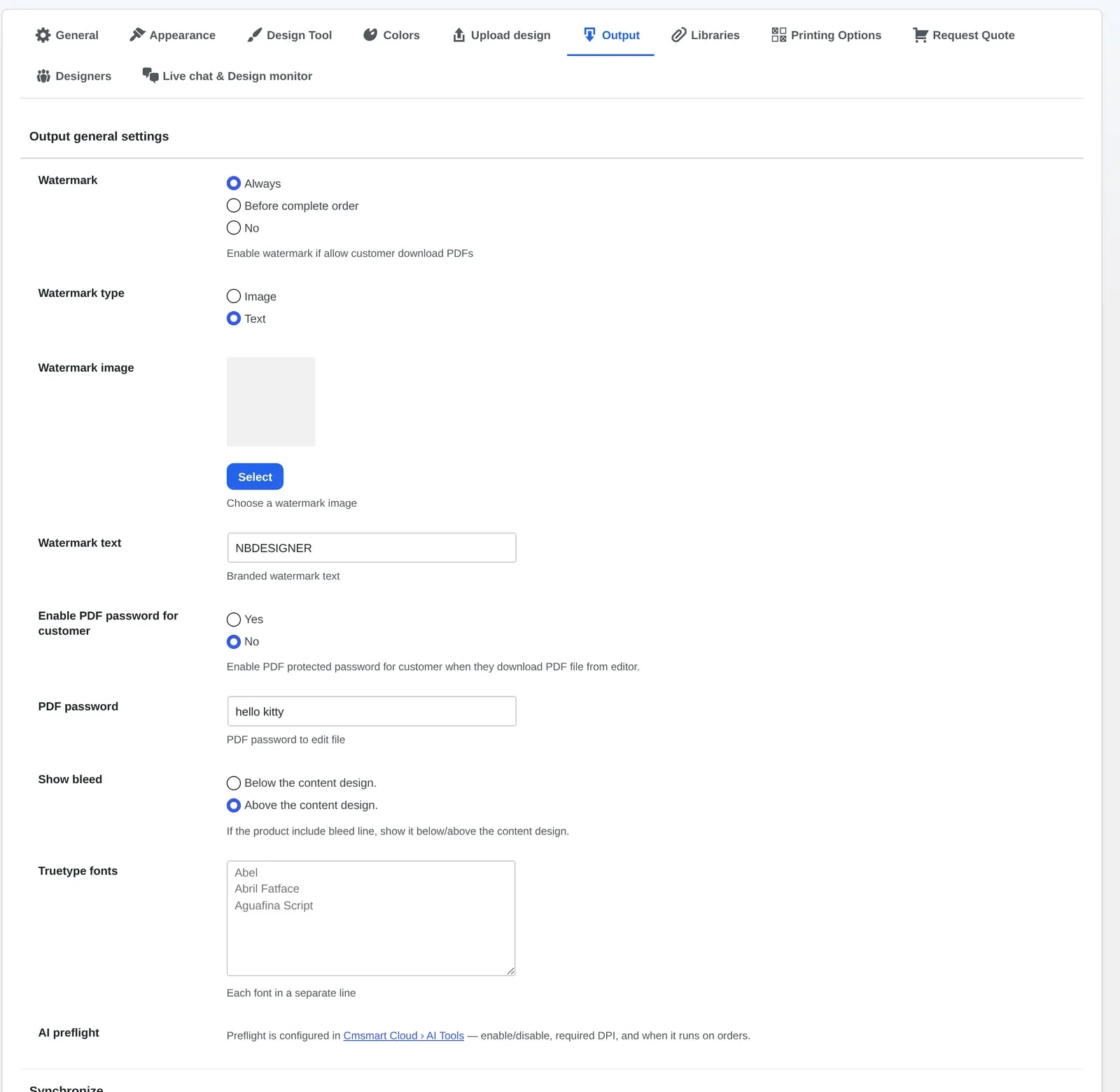NBDesigner Output settings: watermark, bleed line position and PDF export options