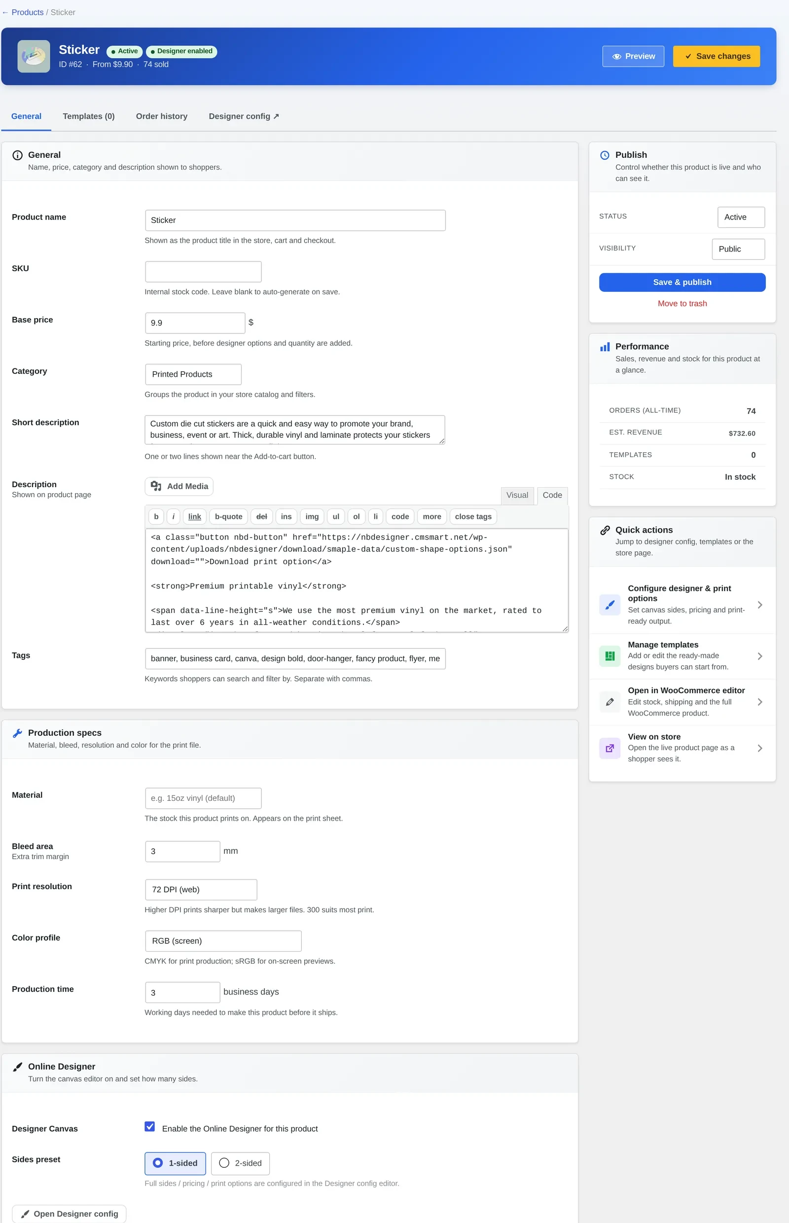 NBDesigner product configuration screen with bleed, print resolution and color profile fields