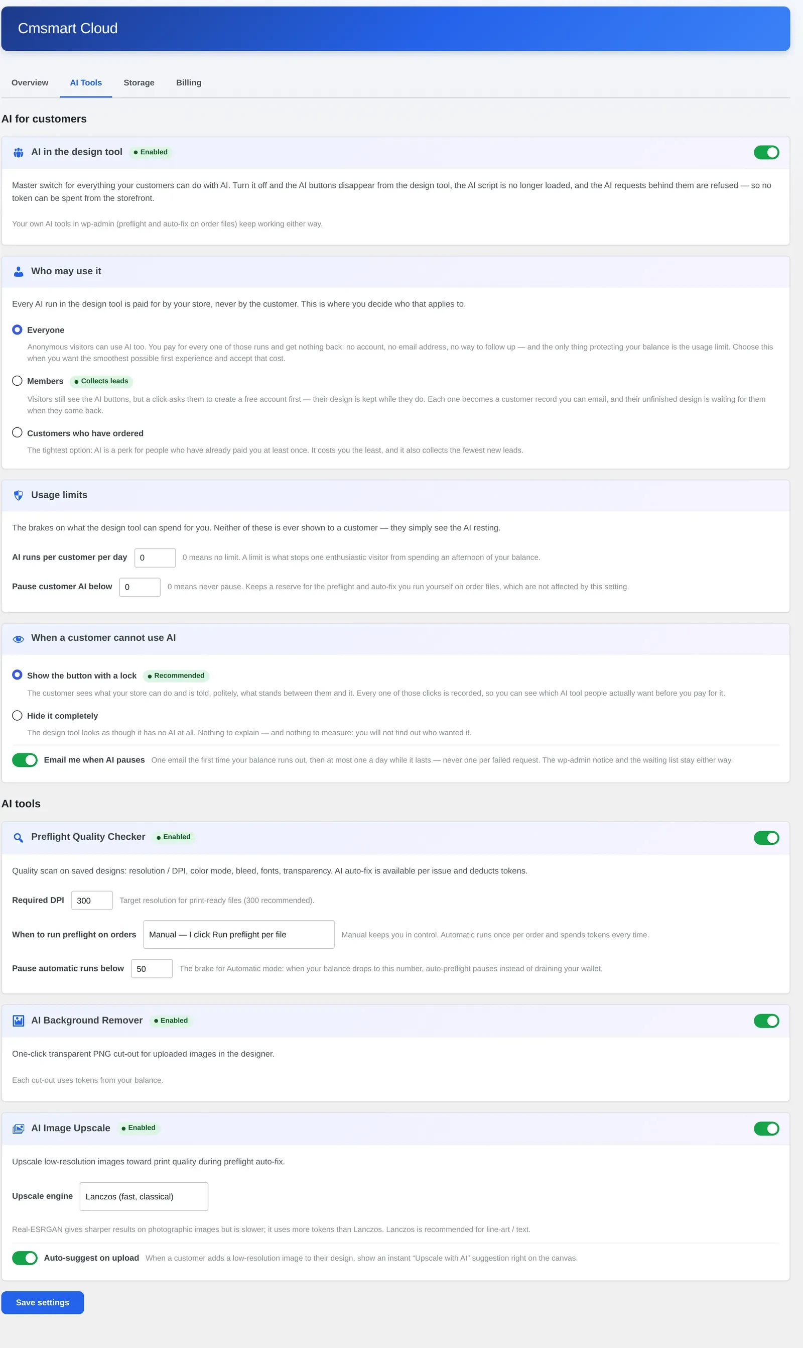 Cmsmart Cloud AI Tools settings with preflight quality checker and AI image tools