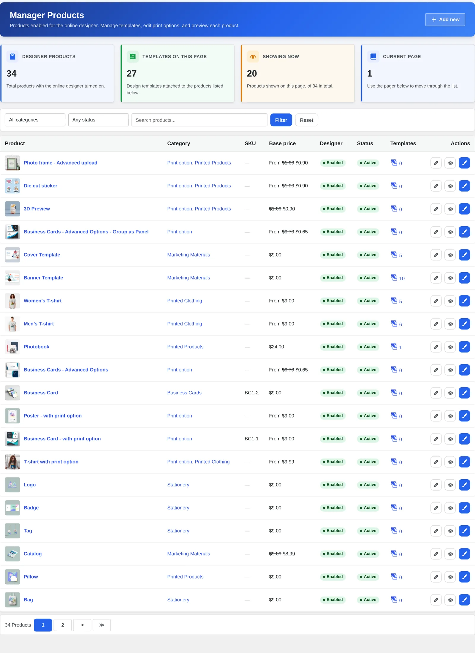 Product manager list showing base price and active sale price for each design-enabled product