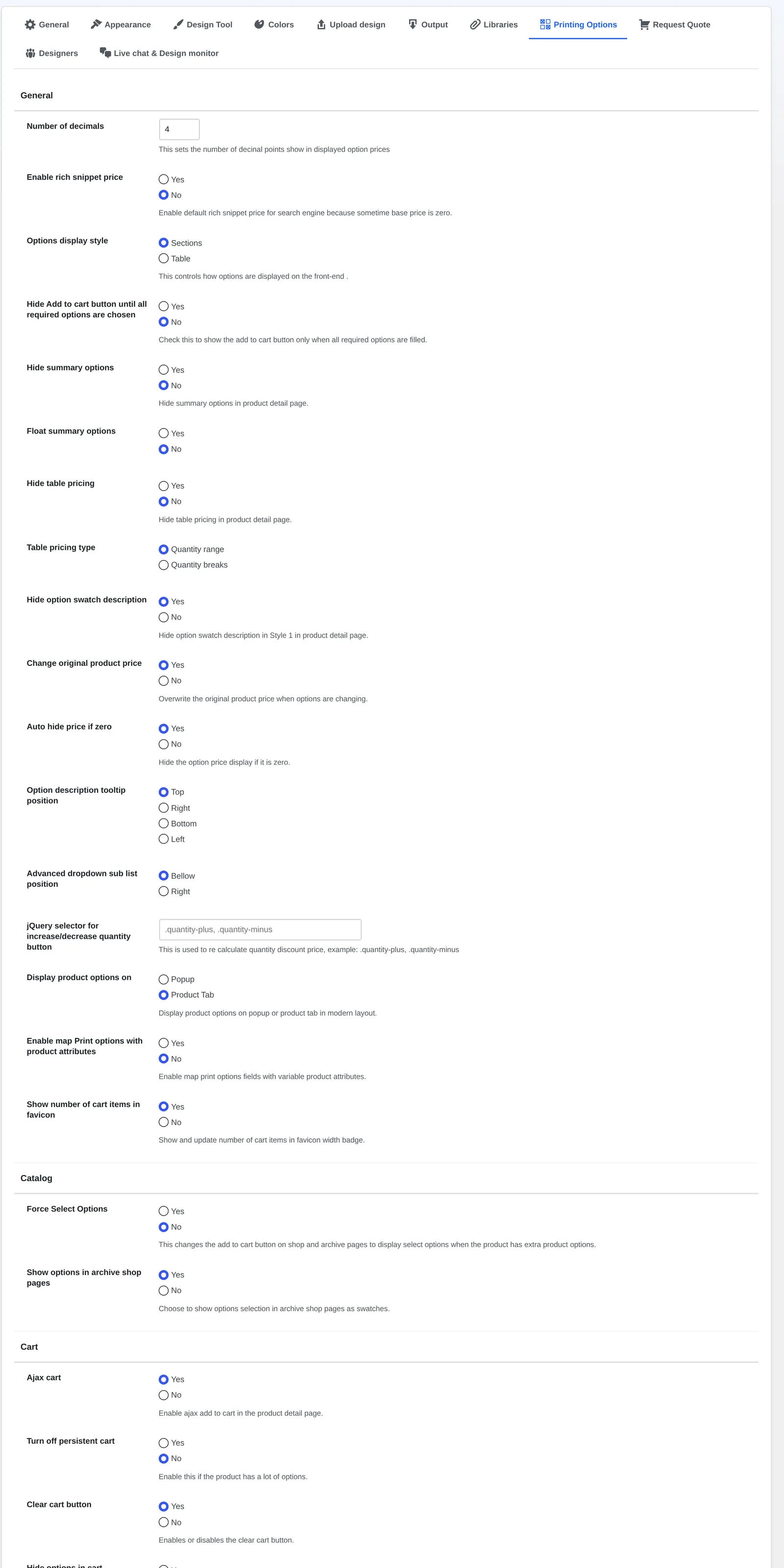 Settings Printing Options tab with decimals, table pricing type and cart behavior fields for a WooCommerce printing options price matrix setup