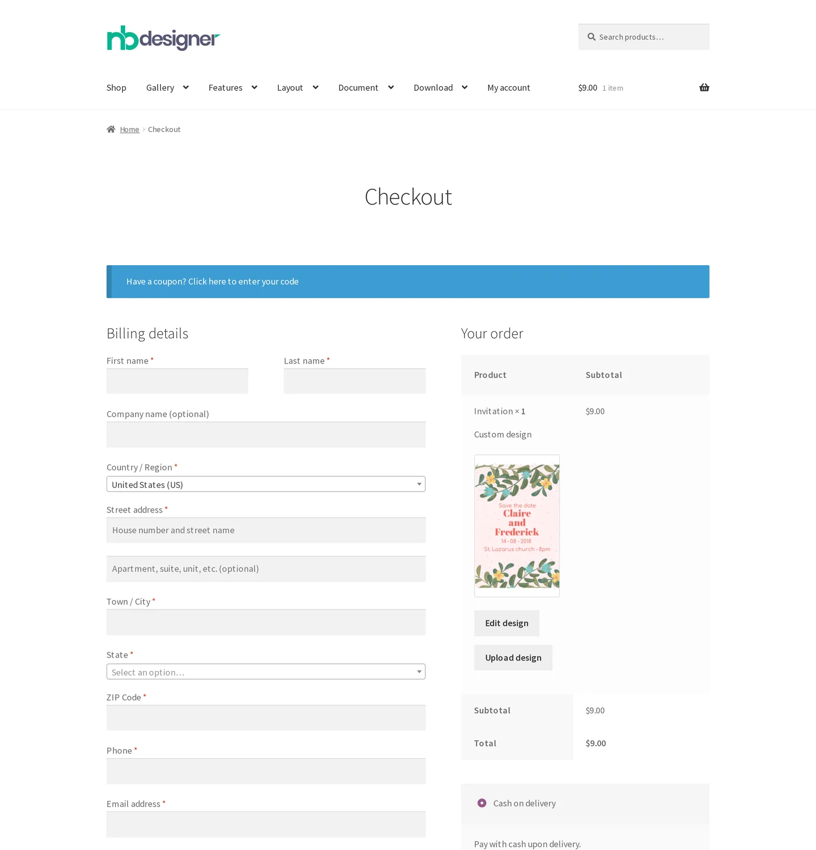 WooCommerce checkout carrying the designed product's price through to order review