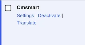 WordPress Plugins screen showing the Cmsmart row with Settings, Deactivate and Translate links