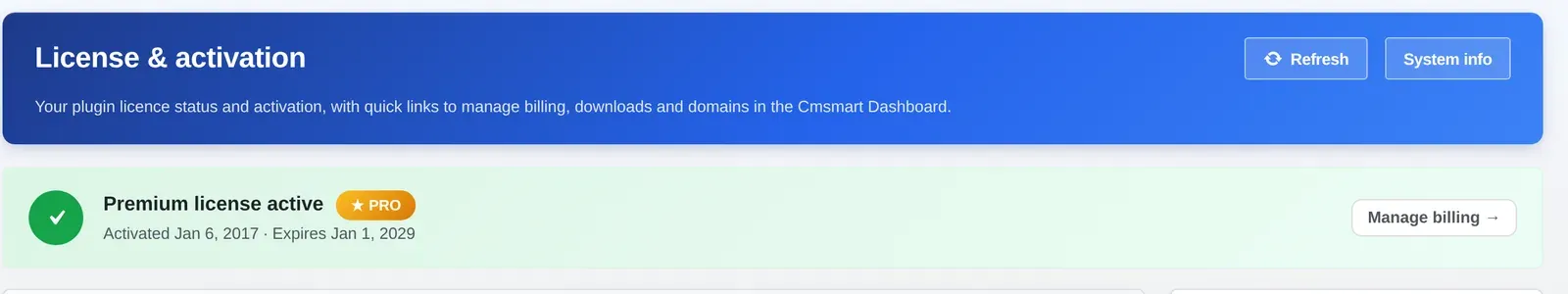 Cmsmart License & activation screen showing an active Premium plan and expiry date