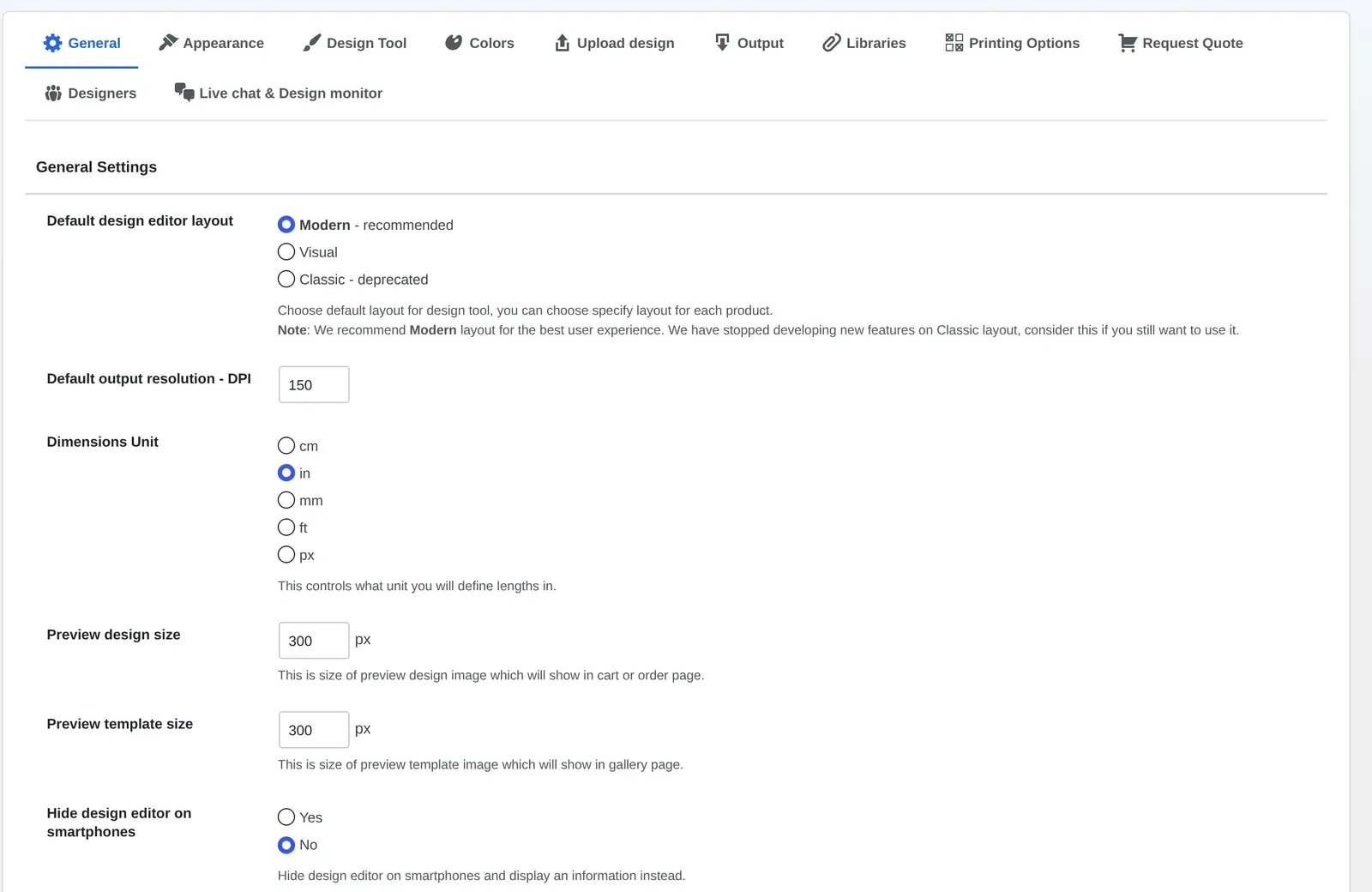 WooCommerce product designer plugin settings: General screen with editor layout, DPI, units and hide-on-smartphones options