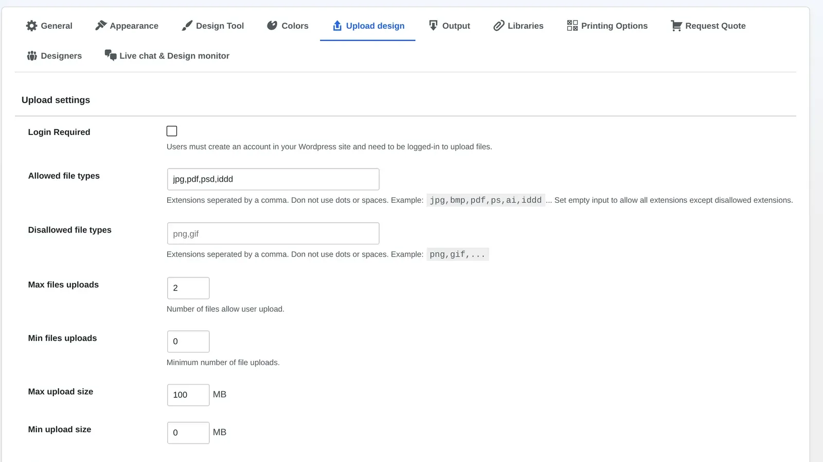 Cmsmart Upload design settings showing allowed file types, file count and upload size limits