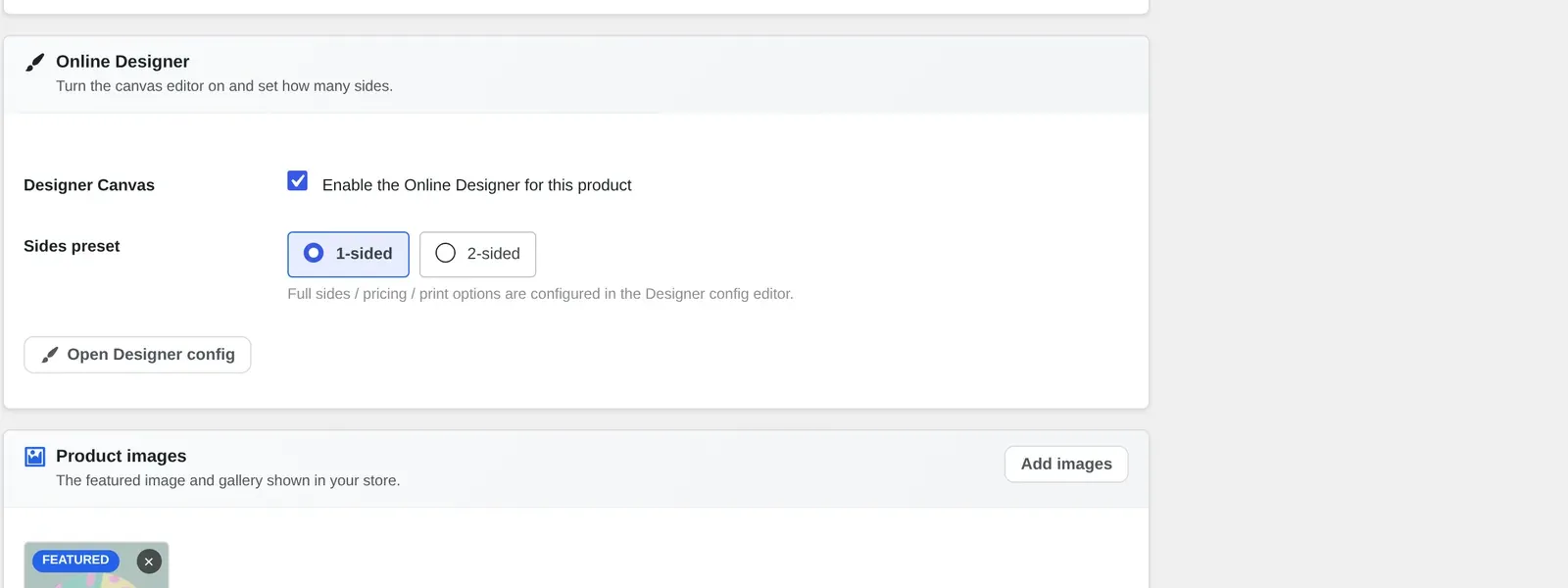Online Designer box on a WooCommerce product with the Designer Canvas checkbox and Sides preset