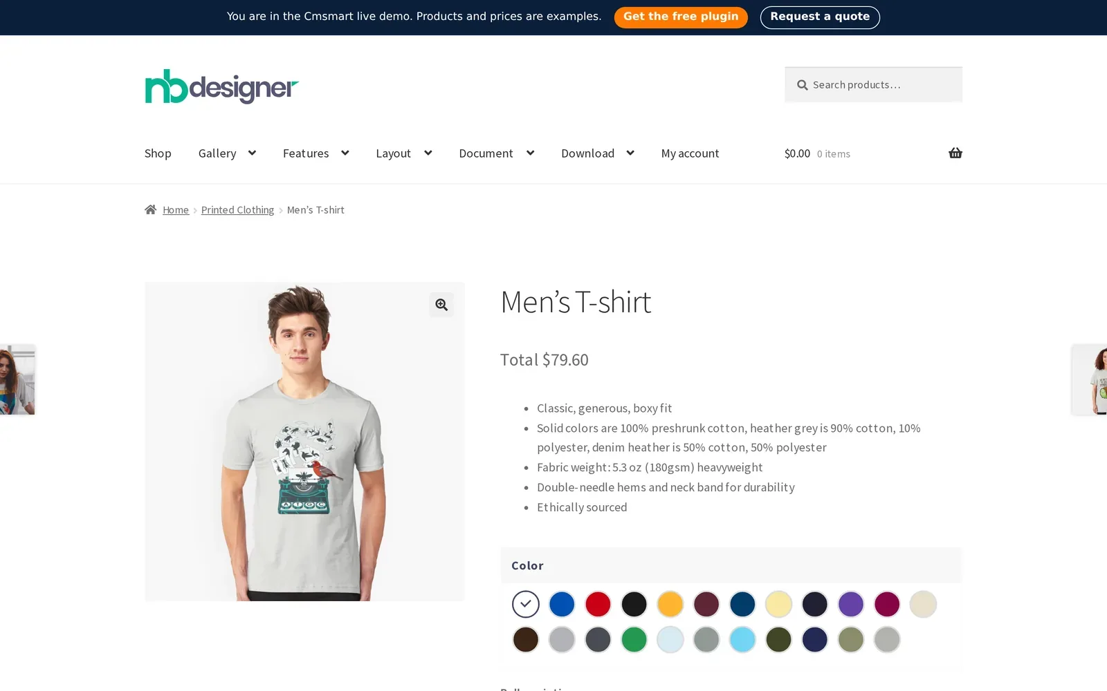 WooCommerce T-shirt product page with color swatches, ready for a bulk size and color pricing table