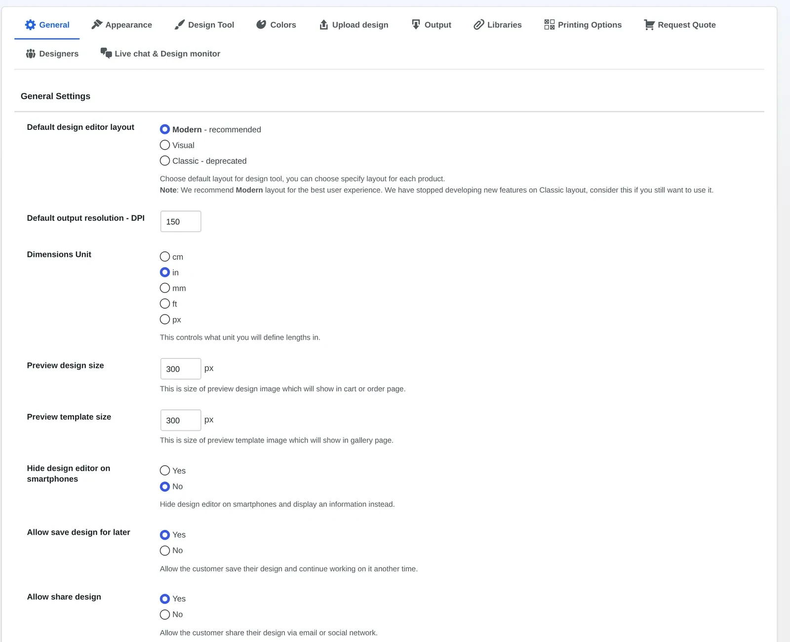 Cmsmart Product Designer General settings: editor layout, output DPI and dimension unit