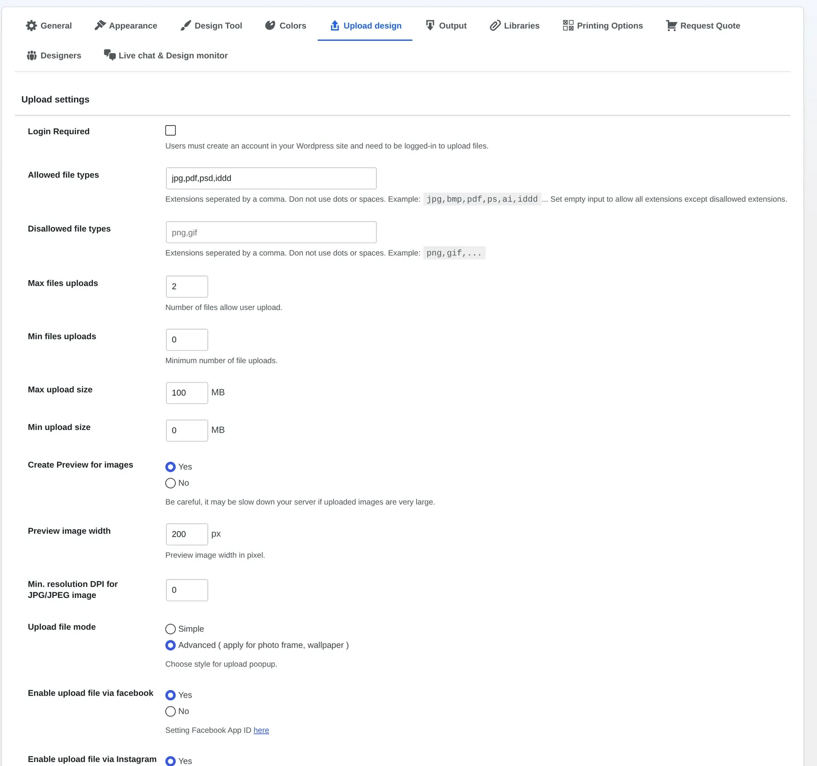 Upload design settings showing allowed file types, max upload size and minimum DPI