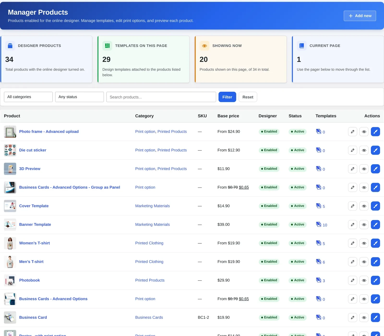 Manager Products screen listing WooCommerce products with the online designer enabled