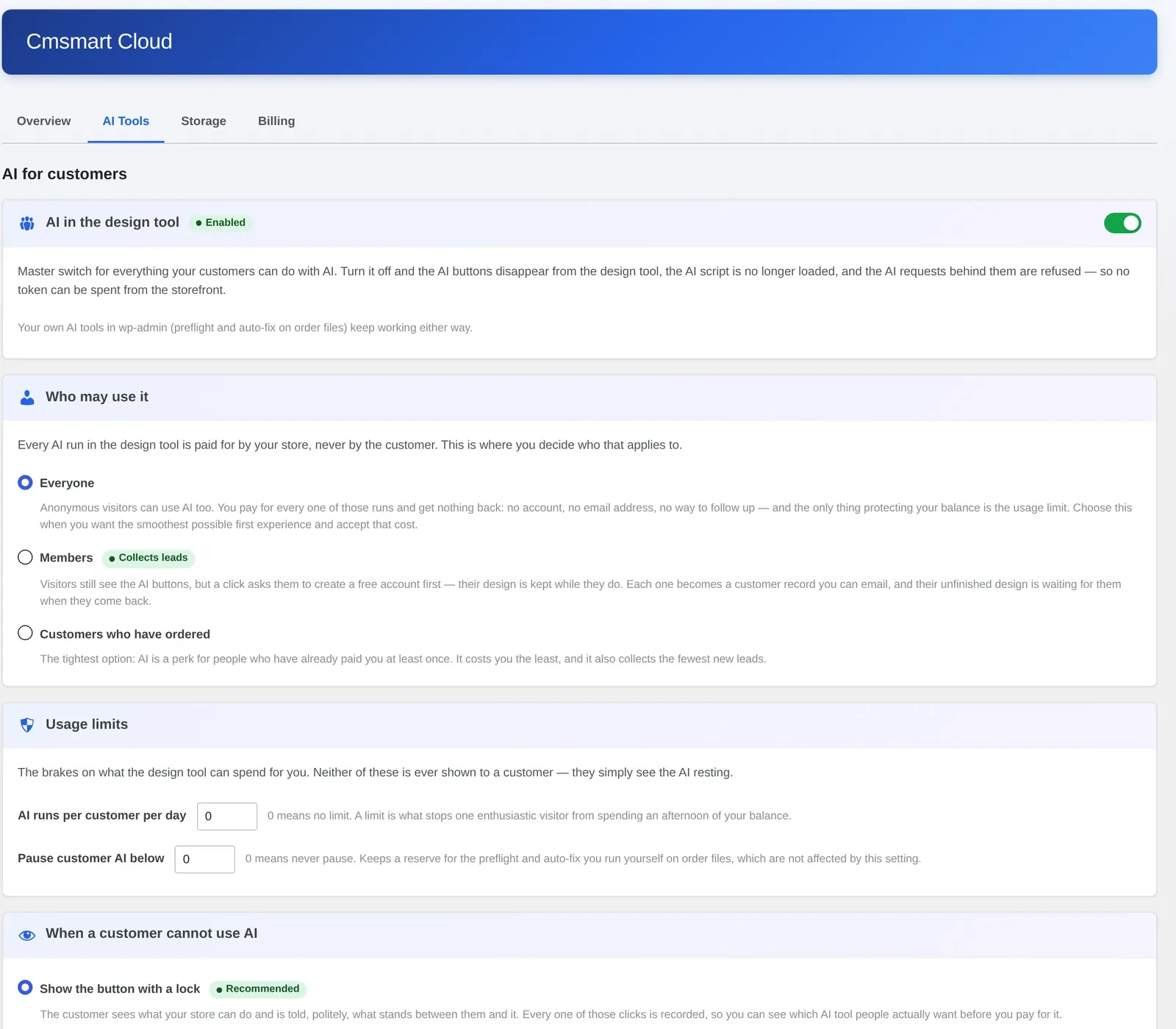 Cmsmart Cloud AI Tools settings with Preflight Quality Checker, Background Remover and Image Upscale