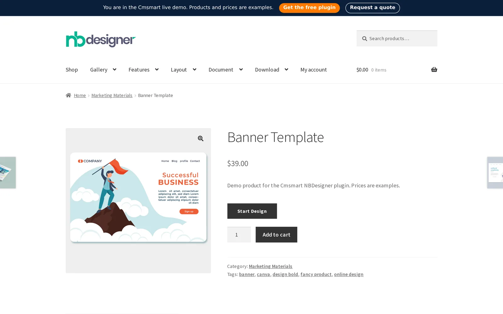 Marketing-materials product page configured for the product designer template store with a Start Design button