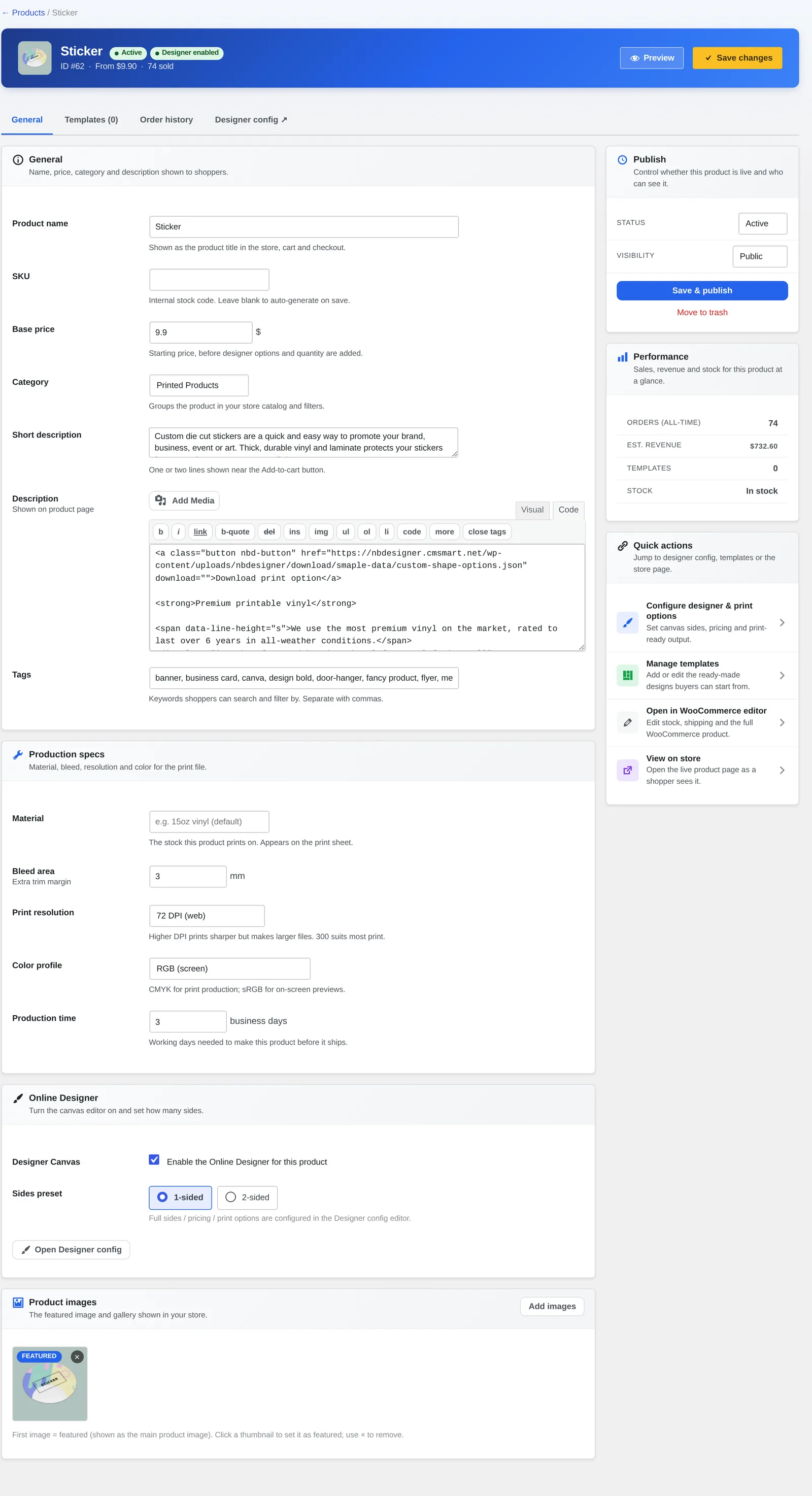 Product edit screen with the Templates tab and Manage templates quick action in Cmsmart Product Designer