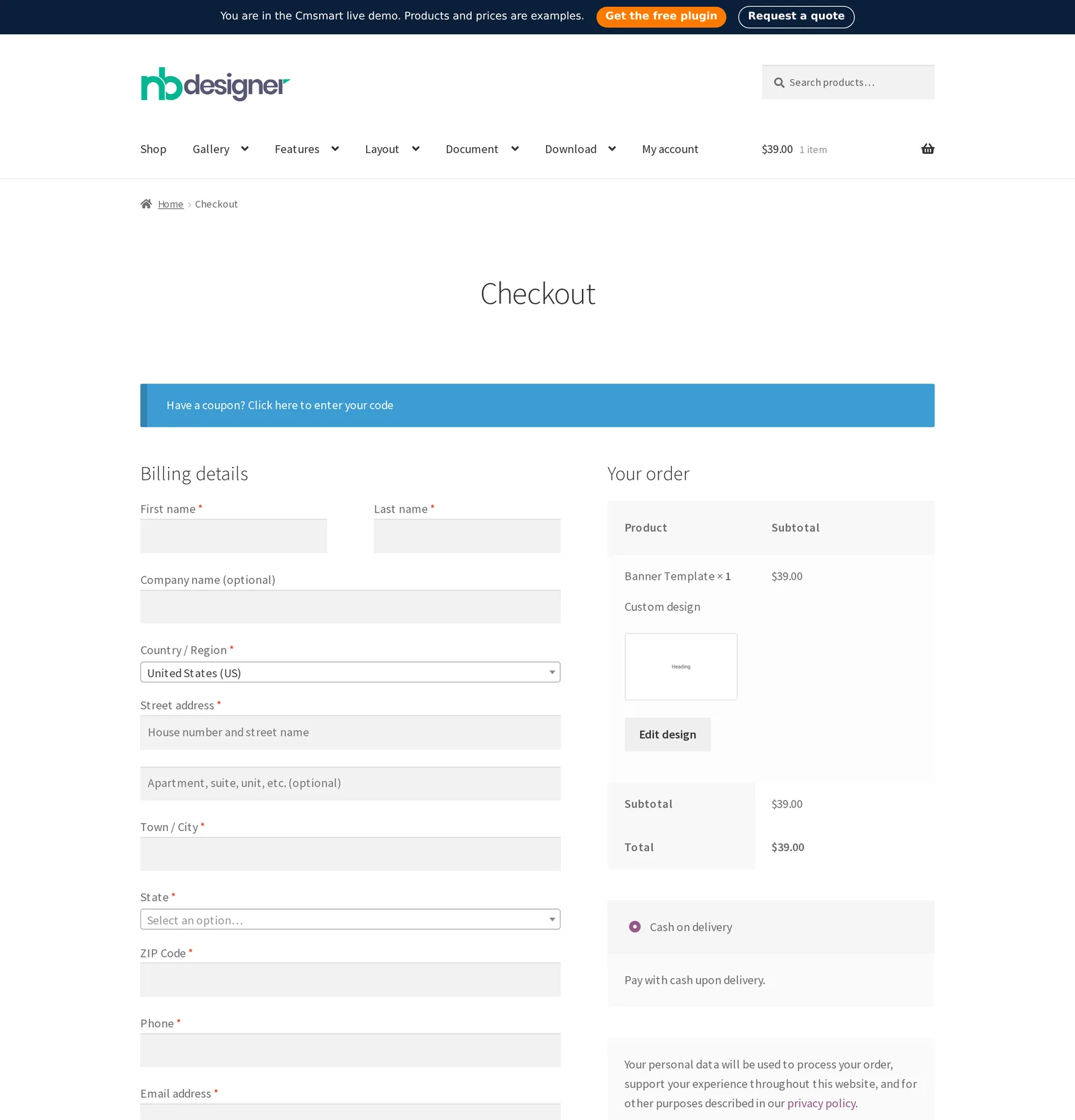 WooCommerce checkout with a product designed from a template ready to order