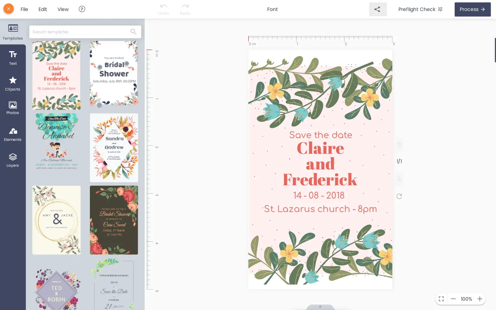 Cmsmart online product designer open on an invitation with a template applied, ready for the buyer to edit text