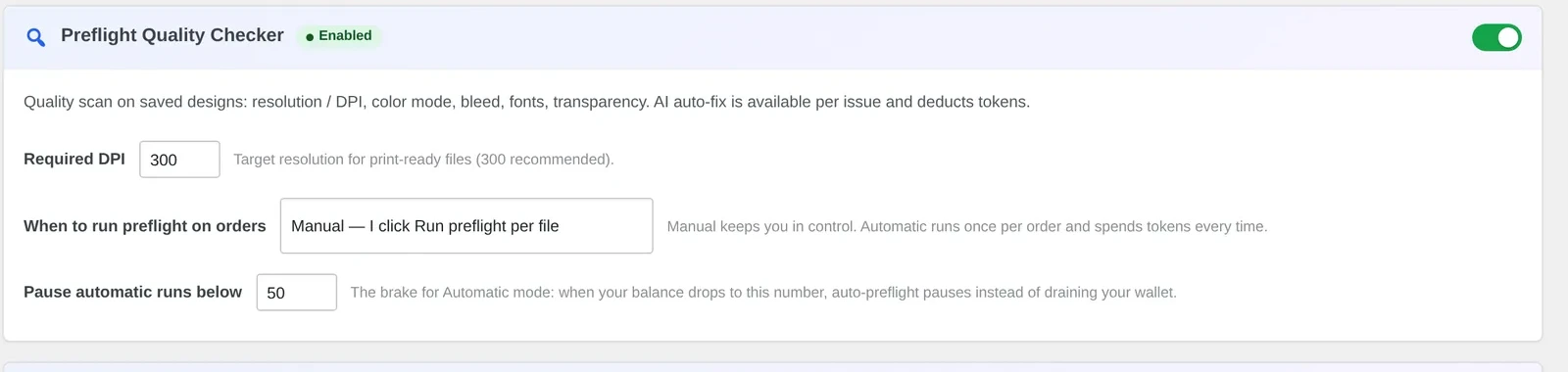 Preflight Quality Checker settings with Required DPI set to 300 for print-ready invitation files