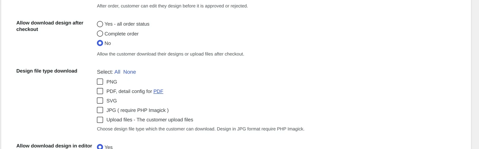 Checking NBDesigner system requirements in Settings General: the JPG design download option requires PHP Imagick